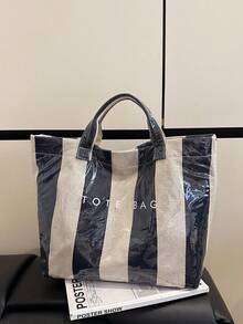 现代百搭的撞色手提包，专为女性设计；时尚高品质的PVC防水通勤包，休闲百搭的都市通勤手提包，适合购物、旅行和日常使用；实用轻便的大容量沙滩包，采用魔术贴封口；防水PVC材质的夏季沙滩包；是送给朋友、购物、通勤、摄影和度假旅行的完美之选。 - 藏蓝色 - 查看 3