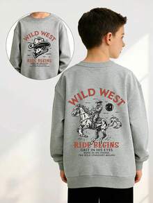 WILD WEST Wild West Cowboy Illustration Print Boys' Crew Neck Top, Soft Fabric, Warm And Comfortable Long Sleeve Sweatshirt, Stylish And Versatile, Suitable For Boys To Wear For Traveling, Back To School Days, Festivals, Outdoor Games And Daily Casual Wear, Ideal For Autumn And Winter - Grey - View 7
