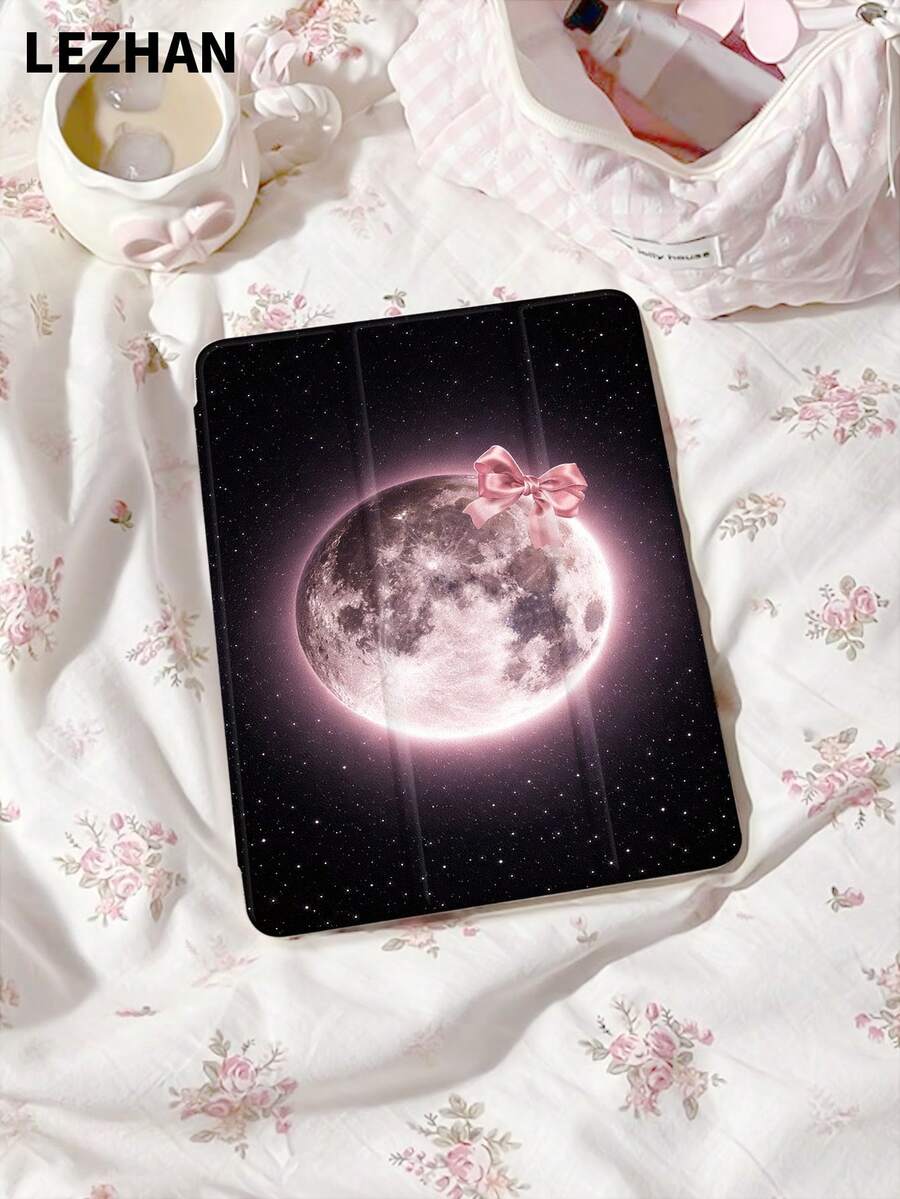 1个粉色月亮蝴蝶结图案扁平保护套，兼容10.2英寸、11英寸（2021/2020/第十代）Pro、Mini 4/5/6、（A16）11英寸（第十一代，2025）、Galaxy Tab A8 10.5英寸（2022）、Matepad 10.4/Tab，带笔槽，防摔，平板电脑支架保护套，2026年新年礼物 - 彩色 - 查看 1