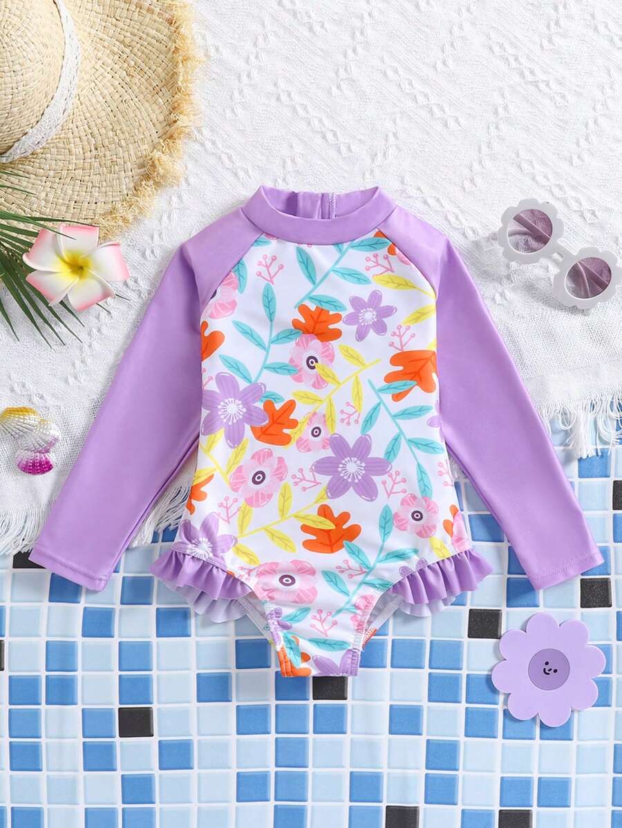 1pc Girls' One-Piece Long Sleeve Floral Ruffled Zipper Swimsuit - Mauve Purple - View 1