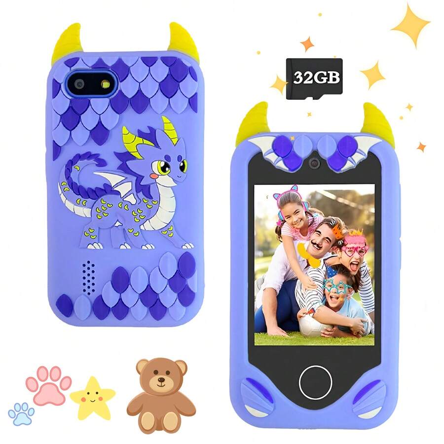 适合3-10岁儿童的智能手机玩具，双摄像头，2.8英寸触摸屏，丰富的游戏功能，附赠32GB存储卡，适合儿童教育学习，可爱又有趣，是完美的生日礼物。