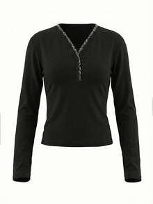 Sweet & Cool Plaid Patchwork V-Neck Long Sleeve T-Shirt, Slim Fit Layering Top, Spring/Summer - Black - View 5