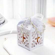 100件套洗礼回礼套装，适用于洗礼派对——包含25个迷你念珠、25个礼盒、25个欧根纱袋和25张感谢卡——理想的基督教礼物 - 彩色 - 查看 6