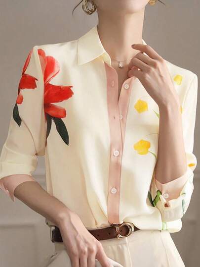 Women's Floral & Leaf Print Color Block Button-Front Casual/Office/Commute Shirt