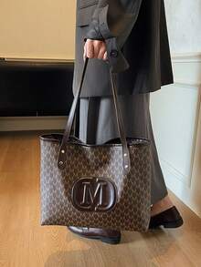 欧美风手提包，时尚单肩包，大容量，简约复古印花女士手提包 - 咖啡 - 查看 2