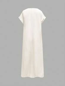 纯色休闲短袖抽绳圆领宽松口袋中长连衣裙，夏季优雅 - 米色 - 查看 4