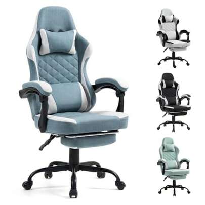 Gaming Chair With Footrest For Adults - Ergonomic Gaming Chairs With Foot Rest - Big And Tall Computer Game Chair - Fabric Reclining Video Game Chairs With Spring Cushion - Blue/Light Grey