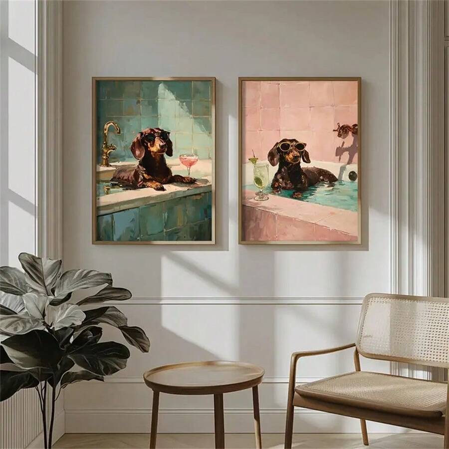 趣味腊肠犬洗澡主题墙饰套装 | 腊肠犬浴室装饰画，腊肠犬泡澡，狗狗鸡尾酒海报，腊肠犬洗澡艺术画，狗狗喝酒海报，家居装饰客厅，墙面装饰，艺术画可选画框 - 多色 - 查看 1