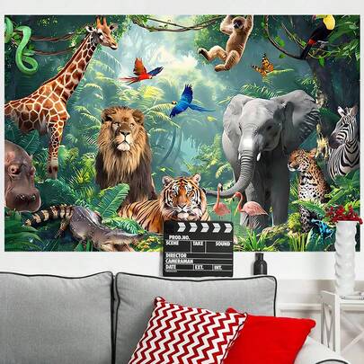 森林动物摄影背景 热带雨林野生动物园背景 男孩生日派对完美装饰横幅