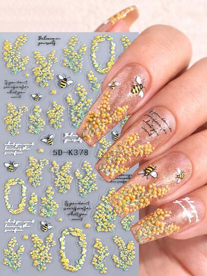1pc 5D Embossed Little Bee Yellow Flower Leaf Nail Sticker, Spring DIY Nail Art Decoration Slider, Nail Art Accessories Tools, Nail Supplies