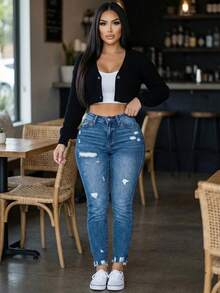 Women's High Waist Distressed Denim Jeans With Raw Hem Retro Casual Outing Pants - 中等水洗藍 - 查看 3