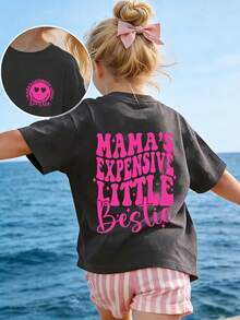 Camiseta de cuello redondo de manga corta con estampado gráfico informal para niñas preadolescentes, top de verano - Gris Oscuro - Ver 4