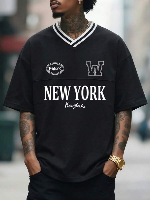酷炫 | 男士街头时尚撞色V领复古美式印花短袖T恤 | 精致设计 | 夏季必备 | 易于搭配