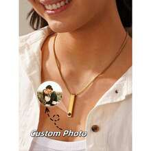 1PC Customized Couple Projection Necklace, Stainless Steel Long Projection Photo Necklace, Engraved Name Projection Necklace, Personalized Men's Square Pearl Chain Long Necklace, Gift For Couples With Name Necklaces, Customized Photo + Name Necklace - Multicolor - View 2