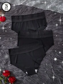 3 piezas de ropa interior de mujer de cintura media, bragas sin costuras con cintura transparente negra, estilo simple de bragas negras - Multicolor - Ver 1