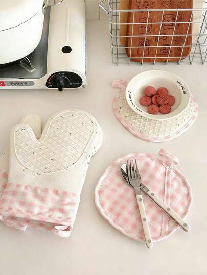 귀여운 핑크 체크 내열 오븐 장갑 - 베이킹, 전자레인지 및 요리용 실리콘 미끄럼 방지 주방 장갑 | 두꺼운 내열 주방 액세서리, 이상적인 집들이 및 휴일 선물