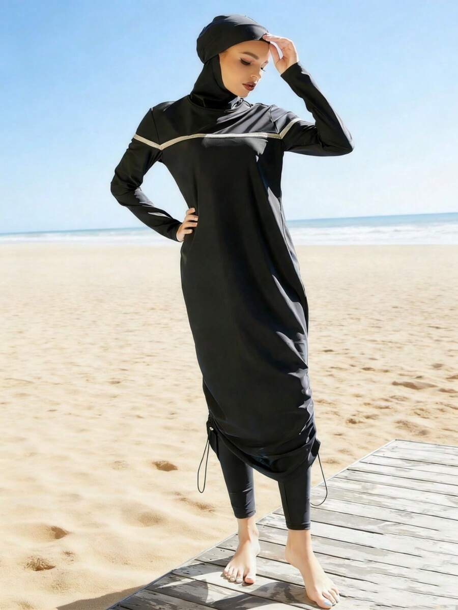 Bộ đồ bơi Burkini dành cho nữ, kiểu dáng kín đáo, chất liệu Hồi giáo, tay dài, che phủ toàn thân, gồm 3 món, thích hợp đi biển và có mũ, thích hợp cho kỳ nghỉ.