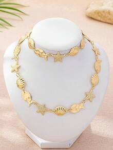 Bộ 2 món gồm dây chuyền và vòng tay hình sao biển, vỏ sò, phong cách nghỉ dưỡng đại dương, thích hợp cho tiệc bãi biển, tiệc chiêu đãi và đeo hàng ngày. - Vàng - Xem 3