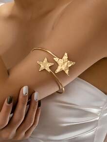 1 pieza Brazalete de estrella de metal arrugado, brazalete de Ramadán de estilo medio oriental para mujeres - amarillo dorado - Ver 1