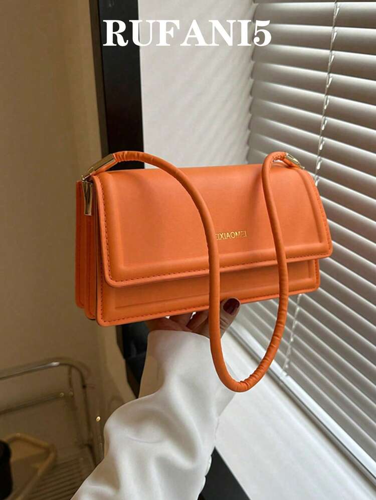 Small Neon-orange Flap Square Bag Fashionable Letter Graphic PU