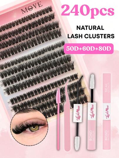 480PCS/240PCS Dense Eyelash Clusters, Large-Capacity 50D+60D+80D D Curl Eyelash Extensions, Fluffy Wispy Lashes, DIY Lash Clusters, Dramatic Curled Cluster Lashes, 0.31–0.63inch Mixed Length Eyelash Clusters With Lash Glue, Tweezer & Brush, Suitable For Beginners, Wedding, Party, Valentine's Day, Easter & Christmas Gifts