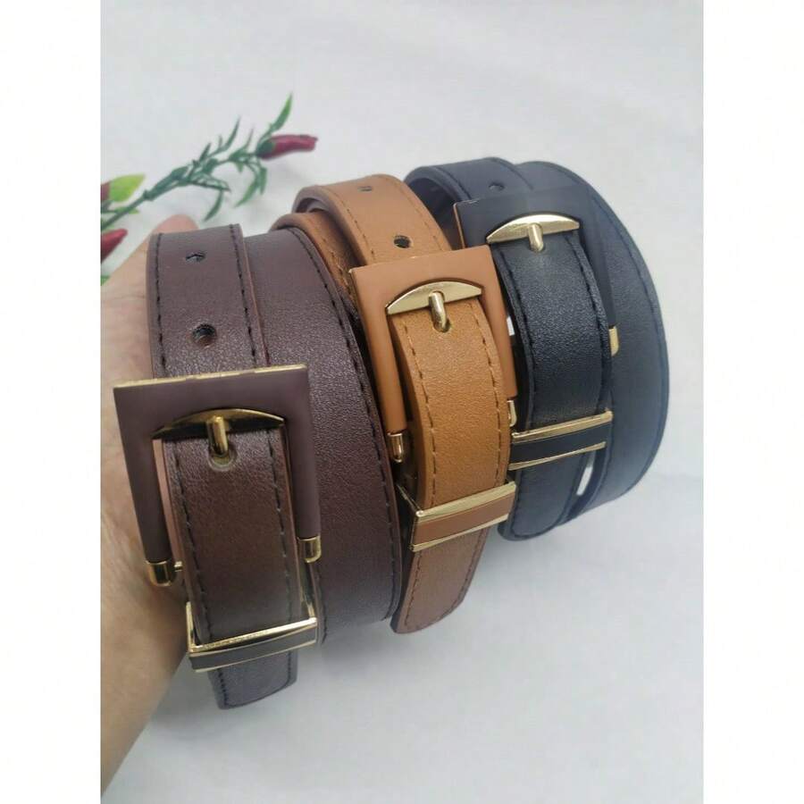 3-Piece Leather Belt With Buckle, 2.3cm - Đen + Caramel + Nâu đậm - Xem 1