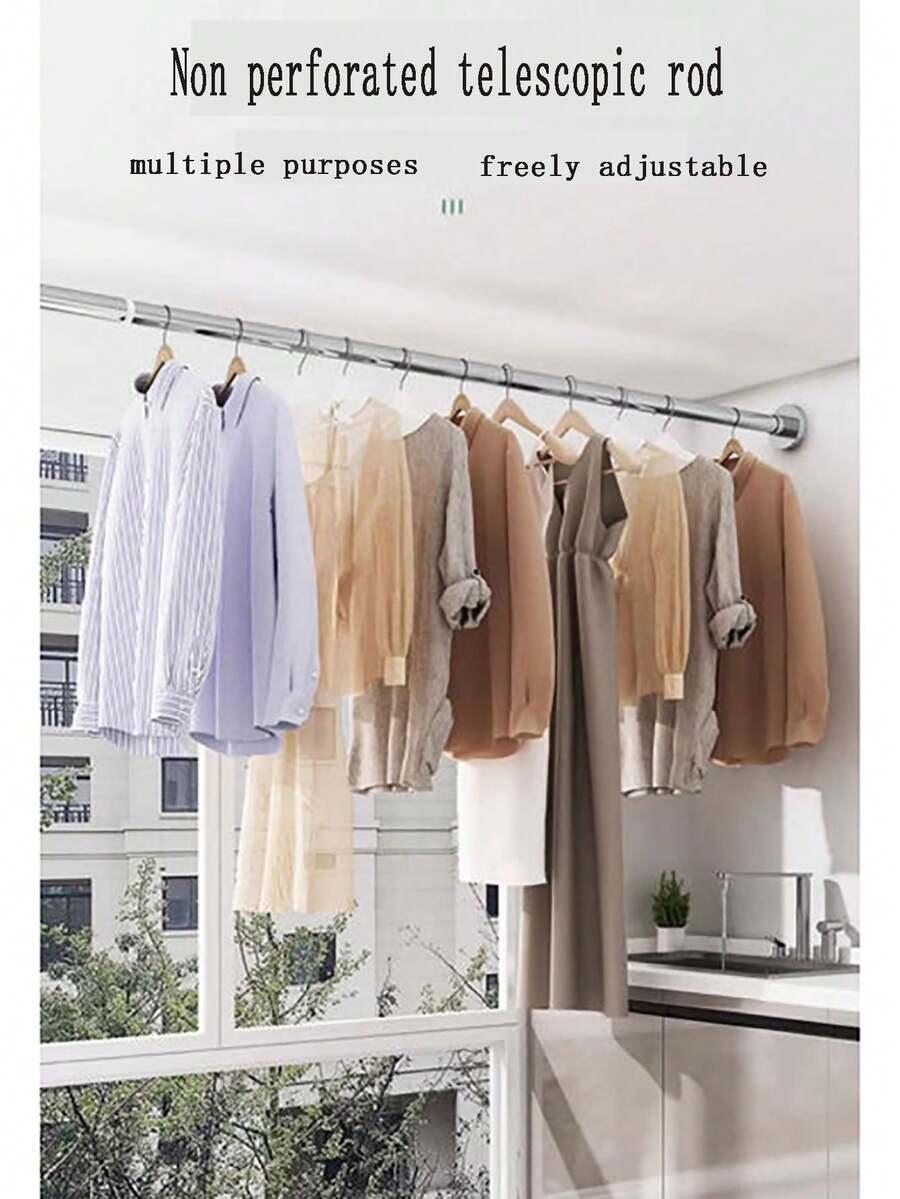 不锈钢拼接式浴帘杆，弹簧式免钻孔伸缩杆，窗帘挂钩，晾衣架，衣柜杆 - 彩色 - 查看 1