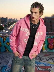 Vintage-Inspired Pink Hooded Zip-Up Sweatshirt For Women | "LITERALLY JUST A GIRL" Graphic Oversized Fall Jacket | Streetwear Fashion Hoodie & Zip Cardigan - Pink - View 4