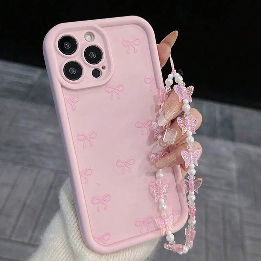 Pink Bow Pattern Butterfly Charm Phone Case Compatible With Iphone 17 16 15 14 13 12 11 Pro Max 16E X XS XR 7 8 Plus,Shockproof Protective Cover - Pink - View 1