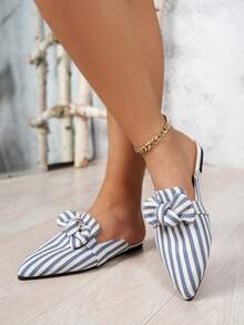 Breezelady Blue And White Striped Bow, Pointed Toe, Half-Slipper, Women's Summer Fashion Mules - Xanh và trắng - Xem 5