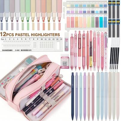 1 Set Aesthetic School Supplies, Black Ink Gel Pens, Large Capacity , 12 Pastel Highlighters, 6 Mechanical Pencil Set 0.5mm For Students Stationary College Essentials, Office School Supplies Gifts For Women Men.