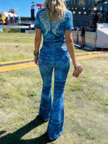 LOVE JOYY 女士 Y2K 蓝色两件套：修身短袖上衣 + 喇叭裤。街头风夏季穿搭，时尚女装套装 - 彩色 - 查看 8