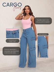 Calça Wide Leg Feminina Cargo Cintura Alta 3 Bolsos Laterais Larga Casual Elegante  Clean Girl - Lavagem Média - Visão 3
