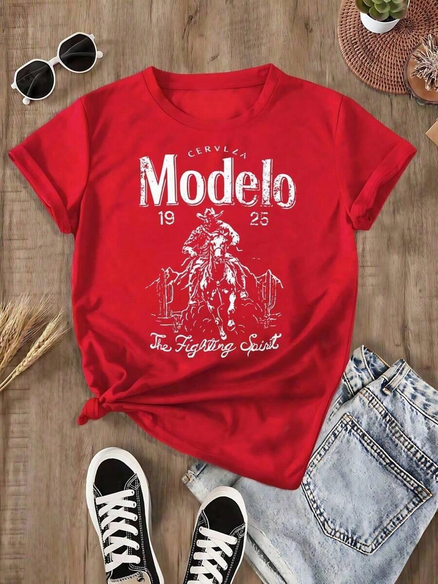 Plus Size Tops, Changes Modelo Cowboy Rope Print T-Shirt, Casual, Heavy Cotton, Summer, Unisex, Free Shipping - 紅色 - 查看 1