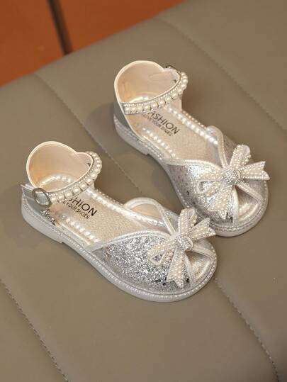 1 Pair New Girls' Flat Sandals With Bowknot, Shiny Fashion Girls' Shoes, Wear-Resistant Lightweight Non-Slip Soft, Suitable For Daily Outing, Party, Casual Wear