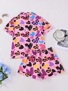 Set de pijamale cu mânecă scurtă, stil graffiti, cu imprimeu de inimă și leopard, pentru fete preadolescente, cu guler, nasturi și buzunare, drăguț și confortabil pentru băieți și fete, potrivit pentru toate anotimpurile, ținute de petrecere și timp liber - Roz - Vizualizare 3