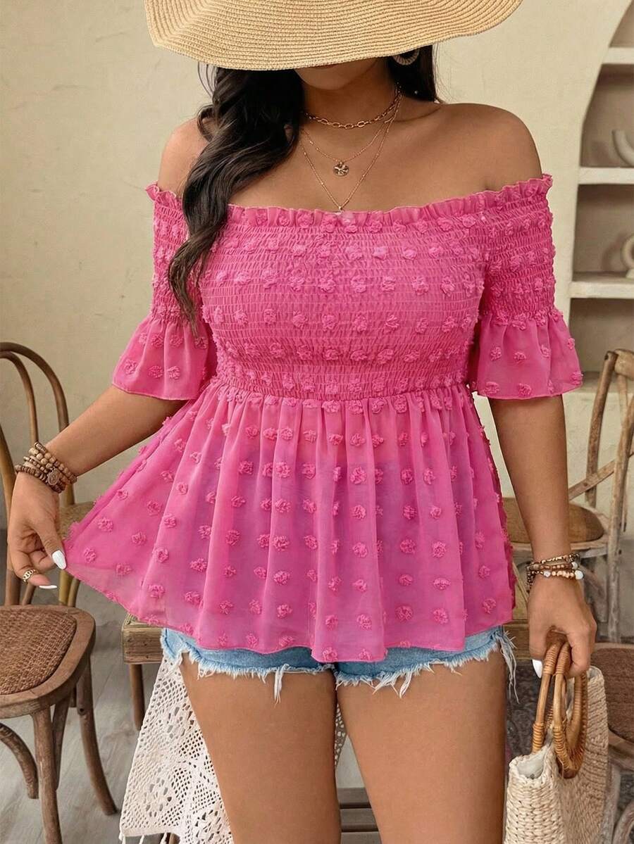 Plus Size Women's Solid Color Off Shoulder Ruffle Trim Casual Versatile Blouse - Hot Pink - View 1