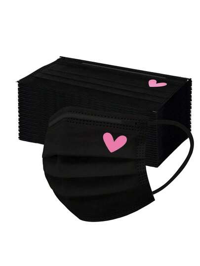 10/20/30pcs Set Cute Pink Heart Print Mask - Elastic Breathable Black Mask, Suitable For Women & Teenagers, Reusable, Fashionable Daily Accessory, Interesting Design, Comfortable Wear, Valentine's Day Outfit