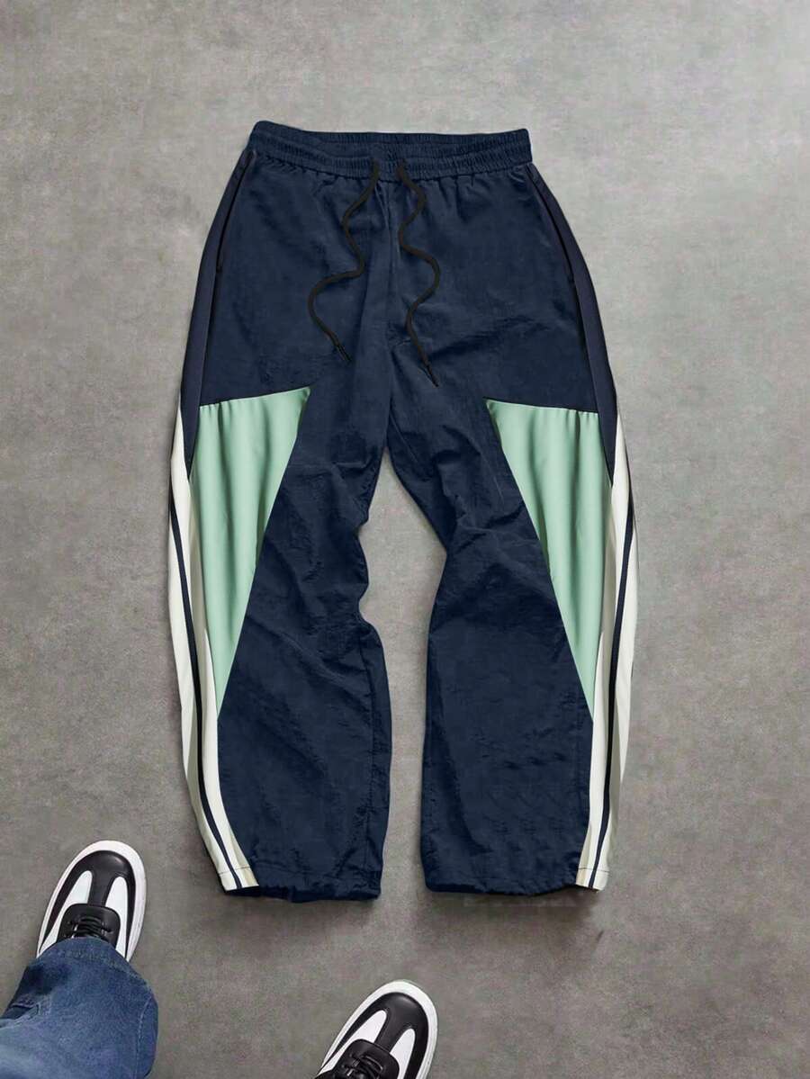 Striped Contrast Color Patchwork Sports Pants, Men's Loose Straight Leg Drawstring Waist Trousers For Gym Workout Training Running Outdoor Hiking Casual Daily Wear, Spring/Summer - Navy Blue - View 1