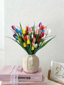 7pcs/1set Artificial Tulips Multi-Color Lifelike Fake Flower – High-Quality Faux Floral With Realistic Texture, Ideal For Apartment Decor, Rental Friendly Home Indoor Vase, Dining Table, Bedroom & Valentine's Day Mother's Day Spring Decorative Blooms - Multicolor - View 7