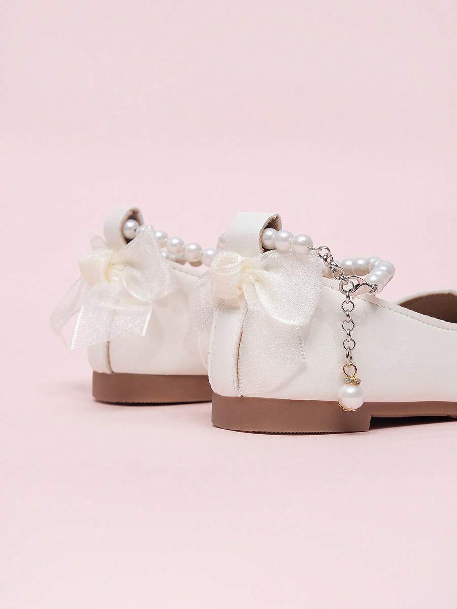 Girls' Mary Jane Shoes With Beaded Bow Tie, Princess Shoes With Buckle Strap - Beige - View 1