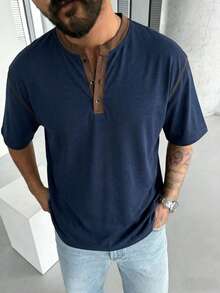 GRDR 1pc Men's Casual Henley Neck Short Sleeve T-Shirt, Summer - Navy Blue - View 5