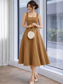 Women's Midi Dress With Square Neckline And Defined Waist - 駝色 - 查看 1