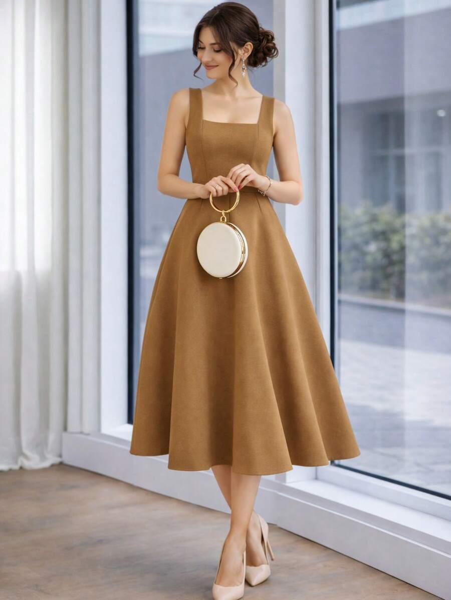 Women's Midi Dress With Square Neckline And Defined Waist - 駝色 - 查看 1