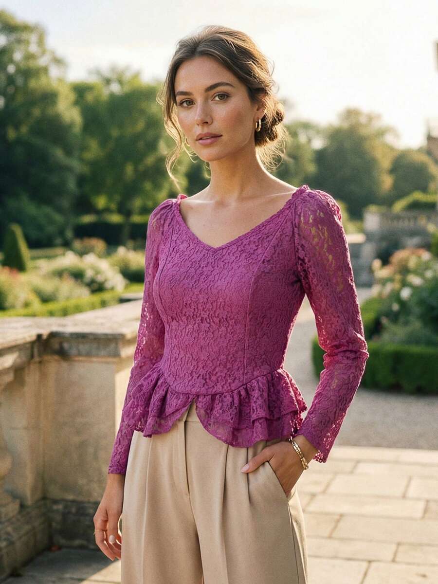 Women Lace Long Sleeve Shirts Floral V Neck Layered Ruffled Going Out Tops Fall Streetwear - 紫色 - 查看 1