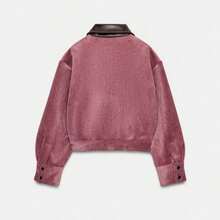 TRAFZA Spring Elegant Casual Pink Rose Velvet Jacket With Faux Leather Collar - Dusty Rose - View 9