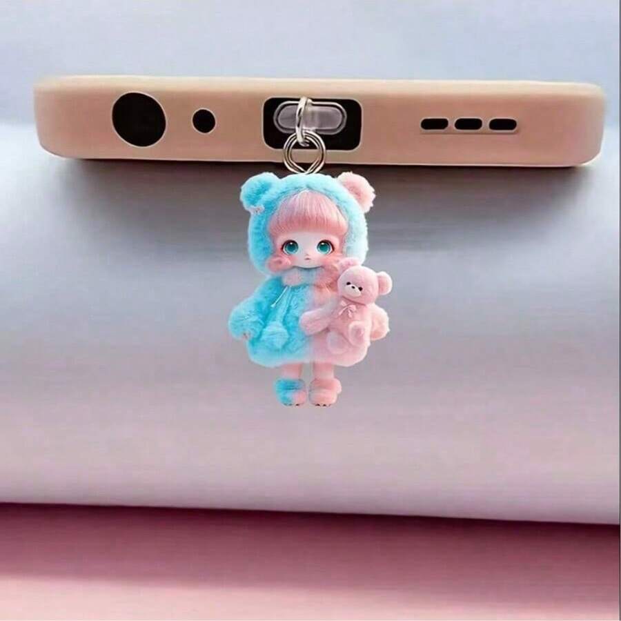 Funda de teléfono talla grande gruesa de color negro compatible con el teléfono + Tapón antipolvo tipo C de 2D acrílico con diseño lindo de niña en azul y rosa, que proporciona una cubierta antirraídas y protectora. Compatible con varios modelos, incluyendo A80 5G/A58 4G/A78 4G/A60 5G/A40/A40M/A98 5G/F23 5G/A38/A18/A58 5G/RENO 5 LITE/RENO 6 LITE/ Note 8 Pro/Note 10 4G/Note 10 5G/Note 10S/Poco M5s (Versión India) - Negro - Ver 1