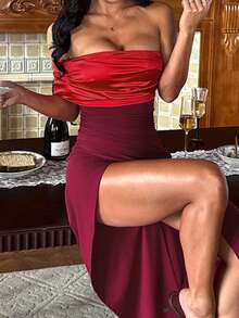 Autumn Red Colorblock One Shoulder Ruched Thigh Slit Elegant Waist-Cinching Mermaid Cocktail Dress For Women - Red - View 6