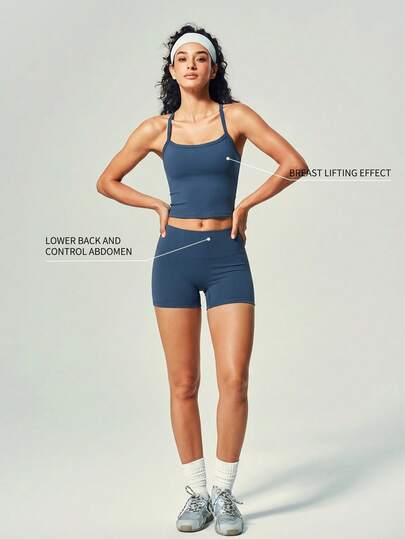 UONNOU 2 piezas Conjunto de ropa deportiva para mujer que incluye camiseta de tirantes + shorts, ropa interior moldeadora, conjunto de yoga, traje ajustado para fitness, con control de cintura, adelgazamiento de piernas, espalda sexy con tirantes cruzados, copa extraíble, top súper corto, tela suave y cómoda, adecuado para deportes, al aire libre, gimnasio, yoga, pilates, ejercicio ligero, correr, uso diario casual, transporte, conjunto de ropa deportiva de moda