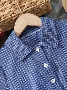 Girls Elegant Short Sleeve Plaid Belted Knee-Length Pleated Dress, Casual School Style, For Ages 8-12 - Blue - View 3